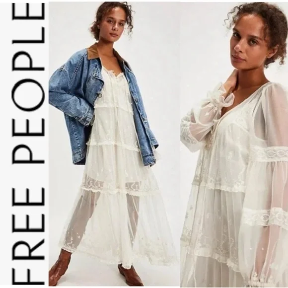 FINAL LAST CHANCE NWOT Free People Stevie Sheer Lace Ivory Maxi Dress xs - Picture 2 of 15